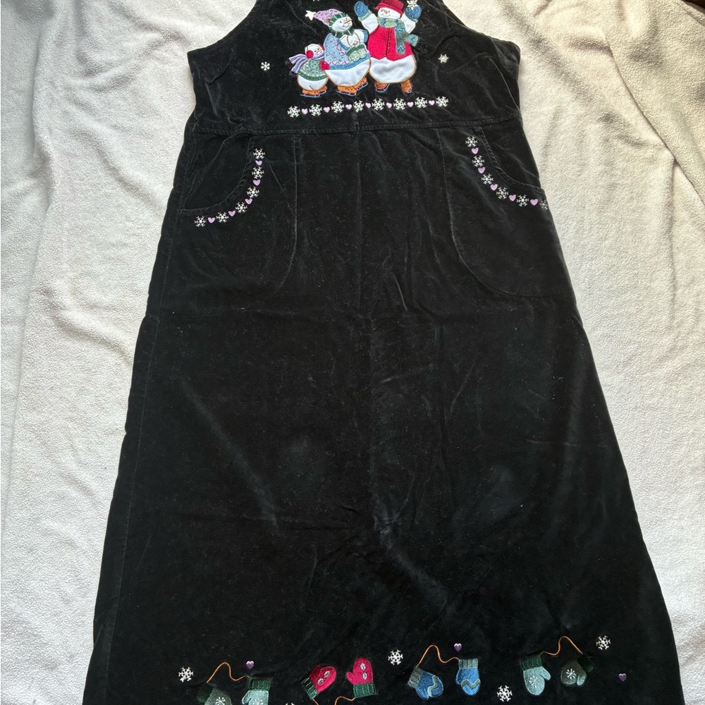 Christopher & Banks Vintage Crushed Velvet black Dress with Snowman and Mittens